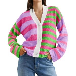 Saodimallsu Womens Striped Cardigan Sweaters V Neck Open Front Button Up Color Block Fuzzy Loose Knit Coats(Rose Red)