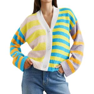 Saodimallsu Womens Striped Cardigan Sweaters V Neck Open Front Button Up Color Block Fuzzy Loose Knit Coats(Yellow)
