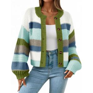 Saodimallsu Womens Striped Chunky Cardigan Sweaters Button Up Fall Trendy Color Block Long Sleeve Knit Sweater Coats(Blue)