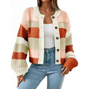 Saodimallsu Womens Striped Chunky Cardigan Sweaters Button Up Fall Trendy Color Block Long Sleeve Knit Sweater Coats(Brick Red)