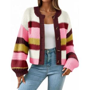Saodimallsu Womens Striped Chunky Cardigan Sweaters Button Up Fall Trendy Color Block Long Sleeve Knit Sweater Coats(Burgundy)
