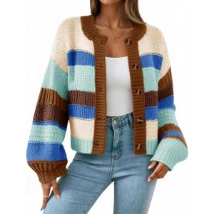 Saodimallsu Womens Striped Chunky Cardigan Sweaters Button Up Fall Trendy Color Block Long Sleeve Knit Sweater Coats(Coffee)