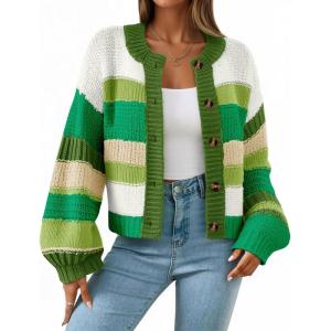 Saodimallsu Womens Striped Chunky Cardigan Sweaters Button Up Fall Trendy Color Block Long Sleeve Knit Sweater Coats(Green)