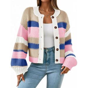Saodimallsu Womens Striped Chunky Cardigan Sweaters Button Up Fall Trendy Color Block Long Sleeve Knit Sweater Coats(Khaki)