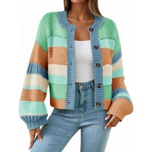 Saodimallsu Womens Striped Chunky Cardigan Sweaters Button Up Fall Trendy Color Block Long Sleeve Knit Sweater Coats(Light Green)