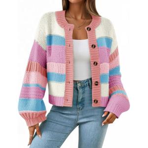 Saodimallsu Womens Striped Chunky Cardigan Sweaters Button Up Fall Trendy Color Block Long Sleeve Knit Sweater Coats(Pink)