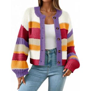 Saodimallsu Womens Striped Chunky Cardigan Sweaters Button Up Fall Trendy Color Block Long Sleeve Knit Sweater Coats(Purple)