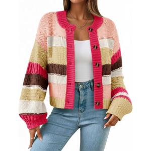 Saodimallsu Womens Striped Chunky Cardigan Sweaters Button Up Fall Trendy Color Block Long Sleeve Knit Sweater Coats(Rose Red)