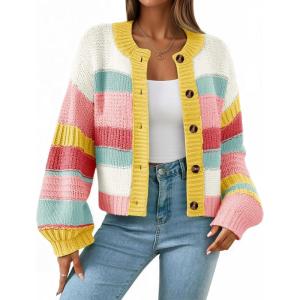 Saodimallsu Womens Striped Chunky Cardigan Sweaters Button Up Fall Trendy Color Block Long Sleeve Knit Sweater Coats(Yellow)