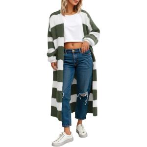 Saodimallsu Womens Striped Long Cardigan Sweaters Open Front Oversized Chunky Fuzzy Knit Fall Duster Sweater Coats(Army Green)