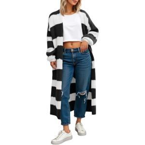 Saodimallsu Womens Striped Long Cardigan Sweaters Open Front Oversized Chunky Fuzzy Knit Fall Duster Sweater Coats(Black&white)