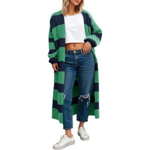 Saodimallsu Womens Striped Long Cardigan Sweaters Open Front Oversized Chunky Fuzzy Knit Fall Duster Sweater Coats(Blue&green)
