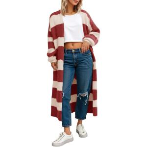 Saodimallsu Womens Striped Long Cardigan Sweaters Open Front Oversized Chunky Fuzzy Knit Fall Duster Sweater Coats(Burgundy)