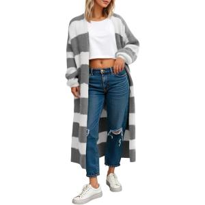 Saodimallsu Womens Striped Long Cardigan Sweaters Open Front Oversized Chunky Fuzzy Knit Fall Duster Sweater Coats(Grey)