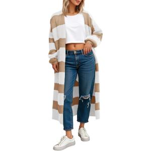 Saodimallsu Womens Striped Long Cardigan Sweaters Open Front Oversized Chunky Fuzzy Knit Fall Duster Sweater Coats(Khaki)