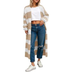 Saodimallsu Womens Striped Long Cardigan Sweaters Open Front Oversized Chunky Fuzzy Knit Fall Duster Sweater Coats(Light Khaki)