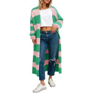 Saodimallsu Womens Striped Long Cardigan Sweaters Open Front Oversized Chunky Fuzzy Knit Fall Duster Sweater Coats(Pink Green)