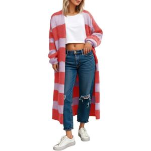 Saodimallsu Womens Striped Long Cardigan Sweaters Open Front Oversized Chunky Fuzzy Knit Fall Duster Sweater Coats(Red)
