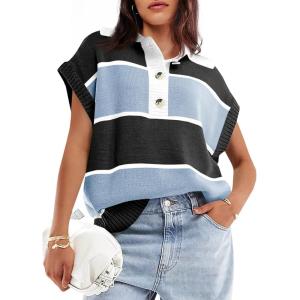 Saodimallsu Womens Striped Short Sleeve Sweater V Neck Button Down Color Block Loose Knit Pullover Tops(Black)