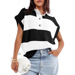 Saodimallsu Womens Striped Short Sleeve Sweater V Neck Button Down Color Block Loose Knit Pullover Tops(Black and White)
