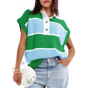 Saodimallsu Womens Striped Short Sleeve Sweater V Neck Button Down Color Block Loose Knit Pullover Tops(Green)