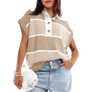 Saodimallsu Womens Striped Short Sleeve Sweater V Neck Button Down Color Block Loose Knit Pullover Tops(Khaki)