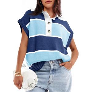 Saodimallsu Womens Striped Short Sleeve Sweater V Neck Button Down Color Block Loose Knit Pullover Tops(Navy Blue)