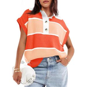 Saodimallsu Womens Striped Short Sleeve Sweater V Neck Button Down Color Block Loose Knit Pullover Tops(Orange)