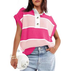 Saodimallsu Womens Striped Short Sleeve Sweater V Neck Button Down Color Block Loose Knit Pullover Tops(Pink)
