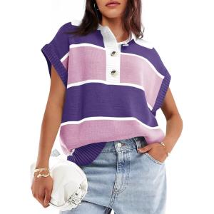 Saodimallsu Womens Striped Short Sleeve Sweater V Neck Button Down Color Block Loose Knit Pullover Tops(Purple)