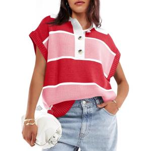 Saodimallsu Womens Striped Short Sleeve Sweater V Neck Button Down Color Block Loose Knit Pullover Tops(Red)