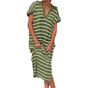 Saodimallsu Womens Striped Summer Dresses Short Sleeve V Neck Knit Collared Sexy Slit Loose Maxi Sweater Dress(Army Green)