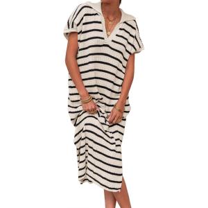 Saodimallsu Womens Striped Summer Dresses Short Sleeve V Neck Knit Collared Sexy Slit Loose Maxi Sweater Dress(Beige)