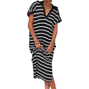 Saodimallsu Womens Striped Summer Dresses Short Sleeve V Neck Knit Collared Sexy Slit Loose Maxi Sweater Dress(Black)