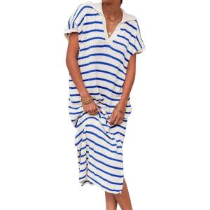 Saodimallsu Womens Striped Summer Dresses Short Sleeve V Neck Knit Collared Sexy Slit Loose Maxi Sweater Dress(Blue)