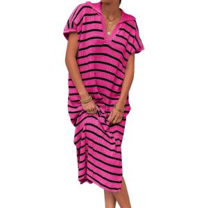 Saodimallsu Womens Striped Summer Dresses Short Sleeve V Neck Knit Collared Sexy Slit Loose Maxi Sweater Dress(Dark Pink)