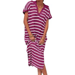 Saodimallsu Womens Striped Summer Dresses Short Sleeve V Neck Knit Collared Sexy Slit Loose Maxi Sweater Dress(Fuchsia)