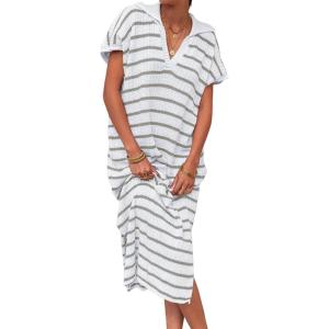 Saodimallsu Womens Striped Summer Dresses Short Sleeve V Neck Knit Collared Sexy Slit Loose Maxi Sweater Dress(Grey&white)