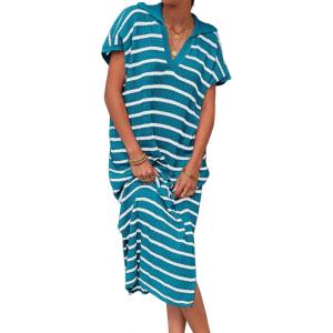 Saodimallsu Womens Striped Summer Dresses Short Sleeve V Neck Knit Collared Sexy Slit Loose Maxi Sweater Dress(Lake Blue)