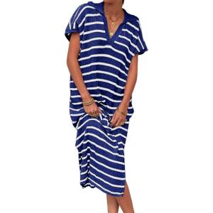 Saodimallsu Womens Striped Summer Dresses Short Sleeve V Neck Knit Collared Sexy Slit Loose Maxi Sweater Dress(Navy)