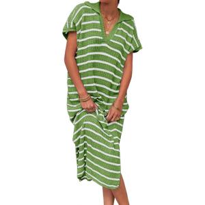 Saodimallsu Womens Striped Summer Dresses Short Sleeve V Neck Knit Collared Sexy Slit Loose Maxi Sweater Dress(Olive Drab)