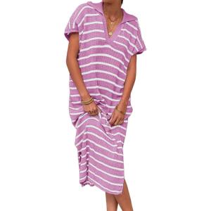 Saodimallsu Womens Striped Summer Dresses Short Sleeve V Neck Knit Collared Sexy Slit Loose Maxi Sweater Dress(Pink)