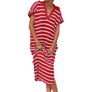 Saodimallsu Womens Striped Summer Dresses Short Sleeve V Neck Knit Collared Sexy Slit Loose Maxi Sweater Dress(Red)