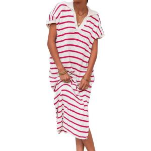 Saodimallsu Womens Striped Summer Dresses Short Sleeve V Neck Knit Collared Sexy Slit Loose Maxi Sweater Dress(Rose Red)