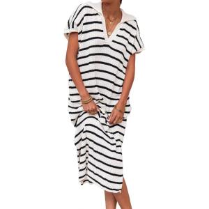 Saodimallsu Womens Striped Summer Dresses Short Sleeve V Neck Knit Collared Sexy Slit Loose Maxi Sweater Dress(White)