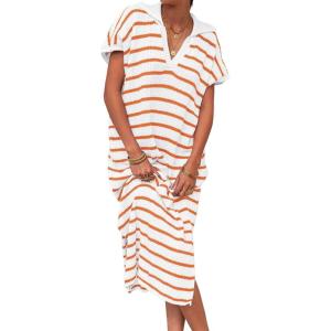 Saodimallsu Womens Striped Summer Dresses Short Sleeve V Neck Knit Collared Sexy Slit Loose Maxi Sweater Dress(White&yellow)