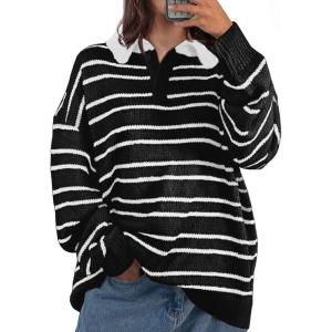 Saodimallsu Womens Striped Swaters Button Collared Polo Shirts Oversized Long Sleeve Chunky Knit Trendy Pullover Tops(Black)