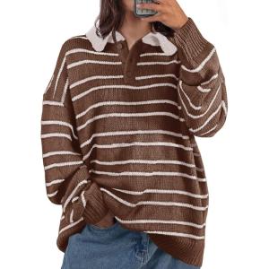 Saodimallsu Womens Striped Swaters Button Collared Polo Shirts Oversized Long Sleeve Chunky Knit Trendy Pullover Tops(Brown)