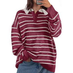 Saodimallsu Womens Striped Swaters Button Collared Polo Shirts Oversized Long Sleeve Chunky Knit Trendy Pullover Tops(Burgundy)