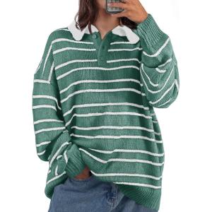 Saodimallsu Womens Striped Swaters Button Collared Polo Shirts Oversized Long Sleeve Chunky Knit Trendy Pullover Tops(Green)